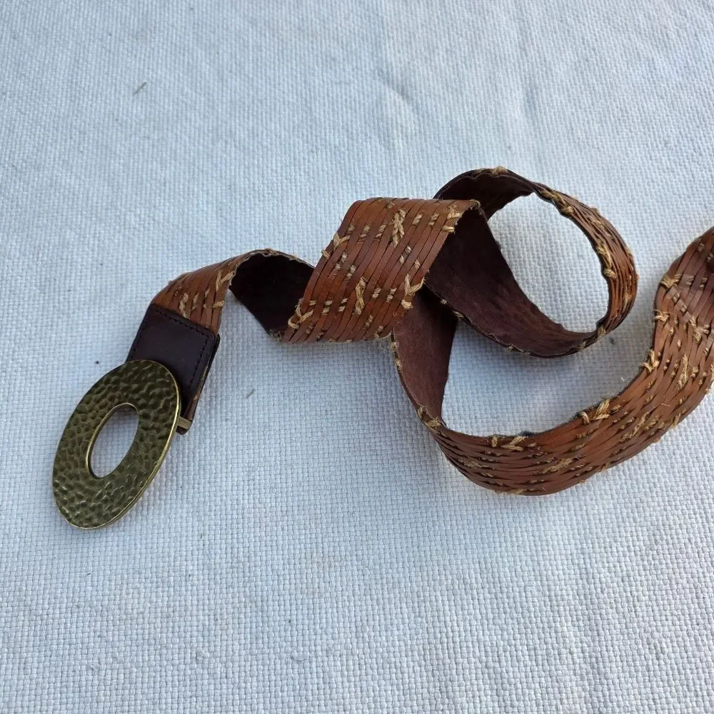 Leather belt woven with hammered brass buckle